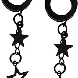 Valentine Gift Fancy Double Star Chain Drop Black Stainless Steel Dangle Surgical Hoop Earrings For Unisex-image-56