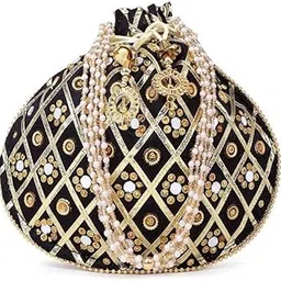 Black Embroidered Potli Bag for Women | Pearl Handle Ethnic Clutch Purse | Wedding, Party & Festive Handbag | Bridal Gift Accessory Mothers Day Gift, Bridal Wedding Bag for Women-picture-52