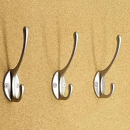 Q1 Beads 3 Pcs Steel Wall Mount Heavy Duty Coat Hooks Dual Prong Retro Double Utility Rustic Hooks for Coat, Scarf, Bag, Towel, Key, Cap, Cup, Hat (Chrome) image 1