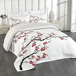 Lunarable Japanese Coverlet, Simplistic Cherry Blossom Tree Botanic Themed Pattern Fresh Organic Lines, 3 Piece Decorative Quilted Bedspread Set with 2 Pillow Shams, Queen Size, Cinnamon Red-image-79