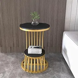 Al Hama Round C-Shaped End Snack Side Table Slide Under Couch for Sofa Coffee Laptop Living Room Bedroom Small Space Metal Frame Table (Gold & Black)-image-62
