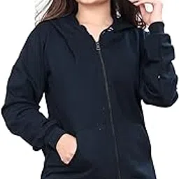 Women's Regular Fit Hooded Neck Cotton Fleece Sweatshirt Full Zipped Hoodie Blue-picture-48