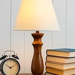 Wooden Table Lamp with Classic Style Base and White Cotton Shade, E27 Holder, 9W LED Bulb Included, 18 inch Height, Electric Operated (White Shade) image 1