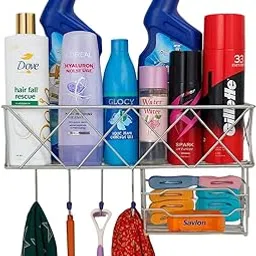 Glocy 2-Tier Bathroom Organizer Shelf, Stainless Steel Wall Mount Storage Rack with Hooks, Toiletries and Kitchen Storage, Multi-Purpose Utility Holder 3in1 (Silver)-image-27