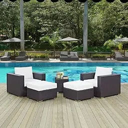 DEVOKO Patio Furniture Outdoor Sectional HDPE Rattan Wicker Sofa Conversation Set Outside Couch with Ottoman, Table and Cushions for Porch, Lawn, Garden, Backyard (Dark Brown and White) image 1