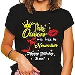 eweft This Queen was Born in Printed Half Sleeve Round Neck Black Cotton T-Shirt for Girl's/Women's-picture-10