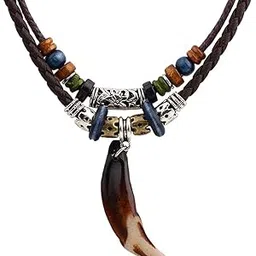 vuzalrano Vintage Style Double Layers Black Braided Leather Tribal Necklace with Charm Fangs Tooth Pendant, Leather, Cubic Zirconia-picture-13