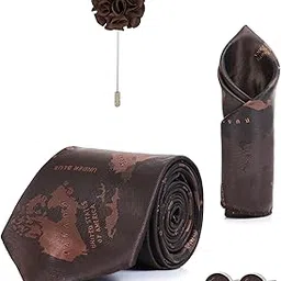 Random Stripe Necktie Set For Men With Pocket Square Lapel Pin Flowar & Cufflink Pair With Gifted Box (4 items in Box)-image-83