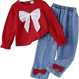 m laskar garments Stylish Kids Wear Top and Denim Jeans Set Long Sleeve Bow Design Crepe Fabric with Dyed Washed Denim Pants for Girls Toddler Baby Girl-picture-49