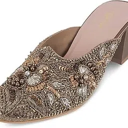 touch heel Mules for Women - Handcrafted Embroidered Slip-On Shoes - Stylish Beaded Block Heel for Special Occasions, Ethnic-picture-20