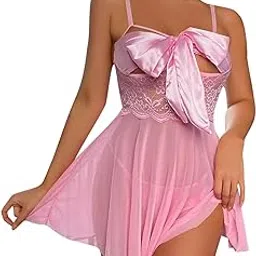 Women Ladies Babydoll Lingerie Nightwear, Bridal Babydoll, Bridal Shower Gift net Dress with Satin Bow for Romantic Night Pink-image-20