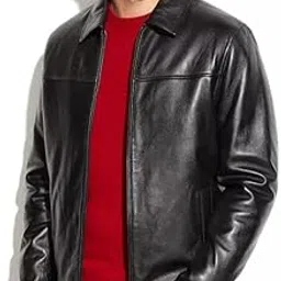 Inaya Men’s Genuine Leather Motorcycle Jacket featuring a stand collar, regular fit, long sleeves, front zipper closure, and two functional pockets.-image-11