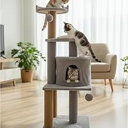 Soft Fur Activity Scratching Post/Cat Tree for Kittens & Cats - Natural Sisal Rope Triple Platform Tower (Height 43 Inch) (Grey -3FLOOR)-picture-63