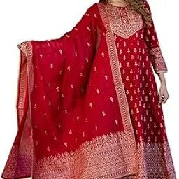 nefer Women Red Viscose Rayon Anarkali Ethnic Motifs Long Sleeves Kurta Trouser Set With Dupatta-picture-47