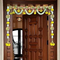 Divyakosh Toran/Bandanwar for Home decorationand Office, Round Embroidery Work and Pom Pom Mogra Flower Bandarwal with Two Side Hangings Traditional Decoration Hanging-picture-21