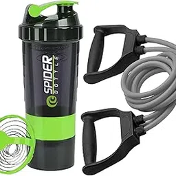 FIT FOCUS Gym Protein Shaker Bottle Set with Exercise Resistance Band, 3-in-1 Storage Compartments,Adjustable Resistance levels to suit beginners and advanced, For Men & Women (Green)-image-1