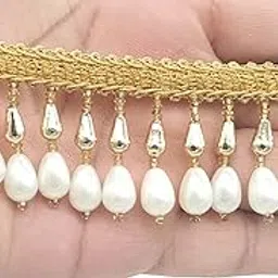 CRAFTLOVE Pearl & Gold Latkan Hanging Bead Lace Border 9.2 Yards/8.5 Meters For Saree Blouse Dupatta Lehenga Sewing Designing Crafts Etc. (3 Cm Wide) (Pearl Gold)-picture-27