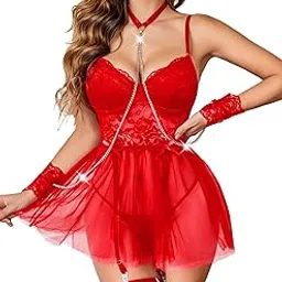 splorr Lingerie for Women Lace Babydoll Wirefree Lingerie Set with Garter and Chain Babydoll Sleepwear-picture-39