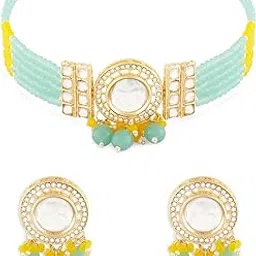 zaveri pearls Turquoise Blue & Yellow Multistrand Beaded Choker Necklace & Earring Set For Women-ZPFK17640-picture-51