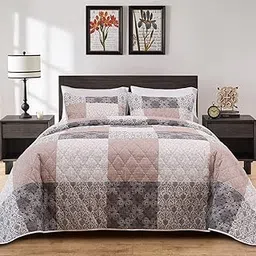 Oversized King 128x120 Bedspread for California King Bed, Patchwork Plaid Grey Brown Coverlet Set with 2 Matching Shams, Soft Lightweight Quilted Bedding Set for All Season-image-8