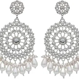 Silver Pearl Mandala Chandelier Jhumka Earrings| Handcrafted Festive Earrings for Women | Sia Ratna-picture-17