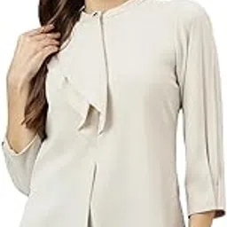 Latin Quarters Women Ivory Mandarin Collar Three-Quarter Sleeves Solid Top for Casual Wear-picture-24