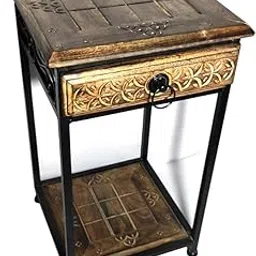 AG HANDICRAFTS Wood and Iron Bedside Table with Drawer Metal Base Stool for Home and Kitchen Medium Size-picture-51