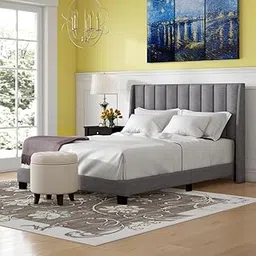 Upholstered Platform Bed with Winback Headboard | Bed Queen Size | Bed Without Storage | upholstered beds | Wooden Platform Bed Frame | Mattress not Included | Grey Finish image 1