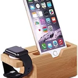 TASLAR Watch Stand Compatible with Apple iPhone/iWatch 2 in 1 Charging Dock Cradle Holder Bamboo Wood Station, Brown-picture-56