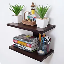 DECO INDIA I Shape Engineered Wooden Brown Finish Floating Stylish Wall Mounted Set Top Box Stand and Book Shelves (Pack of 1, Brown) image 1
