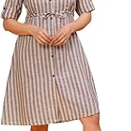 Sarai CRATIONS Women's Cotton Striped Front Pocket with Belt Shirt Collar A Line Knee Length Dress-image-85