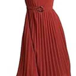 fablestreet Women's Polyester V Neck Pleated Fit and Flare Midi Dress - Rust (DR530RUST)-picture-13