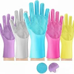 LEENAS Waterproof Magic Silicone Cleaning Gloves | Free Size Dishwashing & Pet Grooming Gloves | Multi-Purpose Kitchen, Car & Bathroom Cleaning Hand Gloves (Multicolour, 1 Pair)-image-80