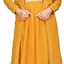 Women's Gorgette Regular Fit Full Length Embroided Dress Set | Sleevless Blouse Skirt and Shrug Dress Set for Wedding, Parties, Festivals, Family Functions (Mustard, 3XL)-picture-10