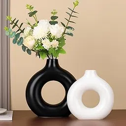 Ascension Set of 2 Modern Round Hollow Ceramic Vases Black & White Flower Pot Different Design Flower Vase for Table Corner Gift Diwali Living Room Home & Office Décor Only Vase Not Flowers-image-14