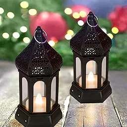 Homesake® 2 pcs Flameless and Smokeless Acrylic Antique LED Lantern Hurricane Lamp and Wall Hanging Led Candle Light for Home,Living Room for Diwali Decorations, T-Light Lantern, (Black)-image-28