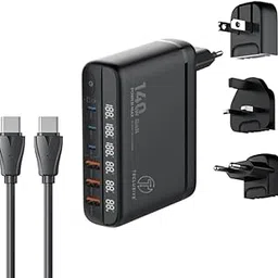 T Teclusive 140W Gan Super Fast Charging 6 Ports USB Type C Charger with Display Individual Compatible for iPhone 15 14 13 / Macbook / S24 | World International Sockets Multi Port USB C Travel Adapter-image-3