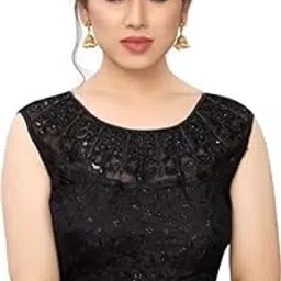 amru creations Women's Round Neck Readymade Silk Embroided Sleeveless Padded Saree Blouse with Elegant Design | Stylish Comfortable Fancy Blouse for Lehanga/Saree (Free Size)(Black)-picture-21