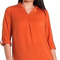globus Women Rust Collared Roll Up Sleeve Shirt Style Workwear Top-picture-24