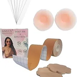 anilux Breast Lift Tape Kit for Women | Nude Boob Tape | Cotton | 1 Roll with 10 Nipple Pasties | 1 Silicone Nipple Cover | 36 Fashion Tapes for Large Breasts-picture-36