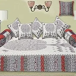 Badmeri Printed Diwan Set | Pure Cotton | Quilted | Set Contains- 8 Pieces (1 Single Bedsheet, 2 Boster Covers, 5 Cushion Covers | (DSN 4)-CO1-image-91