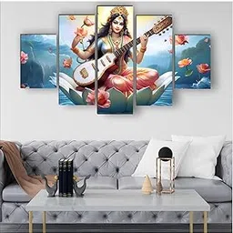 SAF Saraswati ma Paintings for Living Room | Painting for Wall Decoration | 3D Wall Art for Bedroom | lord Saraswati Religious Wall Painting Set of 5 (75 x 45 cms) SANFPNLS35507-picture-15