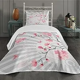 Ambesonne Nature Coverlet, Cherry Blooming Butterflies on Stripes Sun Rays Curvy Lines Ornamental Artwork, 2 Piece Decorative Quilted Bedspread Set with 1 Pillow Sham, Twin Size, Pale Grey Pink-picture-16