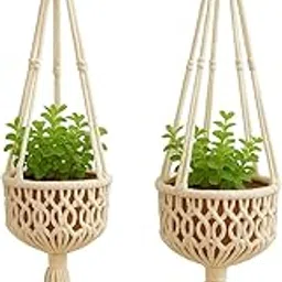 Decors Macrame Plant Hanger Set of 2 Handmade Cotton Rope Hanging Planters for Indoor & Outdoor Décor Boho Wall Hanging Pot Holder for Balcony, Living Room, Garden Fits All Pot Sizes Off White image 1