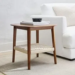 EVO FURNITURES Wooden End Table with Handwoven Cane Shelf - Aristo | Solid Wood Bedside Table with Rattan Cane Shelf | Stylish Wooden End Table for Compact Living & Home Décor (Wallnut)-picture-32