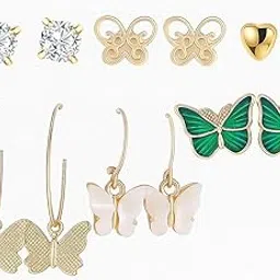 bellastella Korean Style Rhinestone Earrings Set for Women & Girls – Pack of 6 Pairs Heart, Butterfly, Stud & Hoop Fashion Jewellery for Women-picture-10