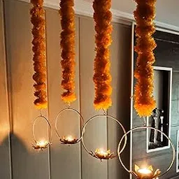 Blissful Decor Metal Amishi Presents Lotus With Marigold Flowers Hanging Tea Light Holder For/Front Door/Entryway/Balcony/Poja Room(Golden Set Of 04) Diwali Decorations-picture-37