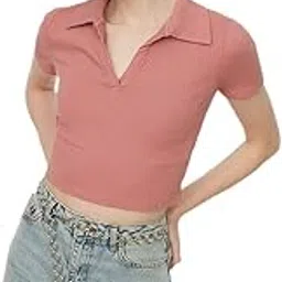 redamancii Women Polo Neck Short Sleeves Stretchable Ribbed Top-picture-27