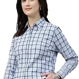 Women Windowpane Checked Pure Cotton Seer Sucker Formal Shirt (16269Blue)-image-45