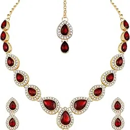 atasi international Gold Plated Ruby Red Color Crystals Silver Plated Kundan Necklace Jewellery Set with Earrings and Maang Tikka for Party, Wedding, Engagement (MR1784) image 1